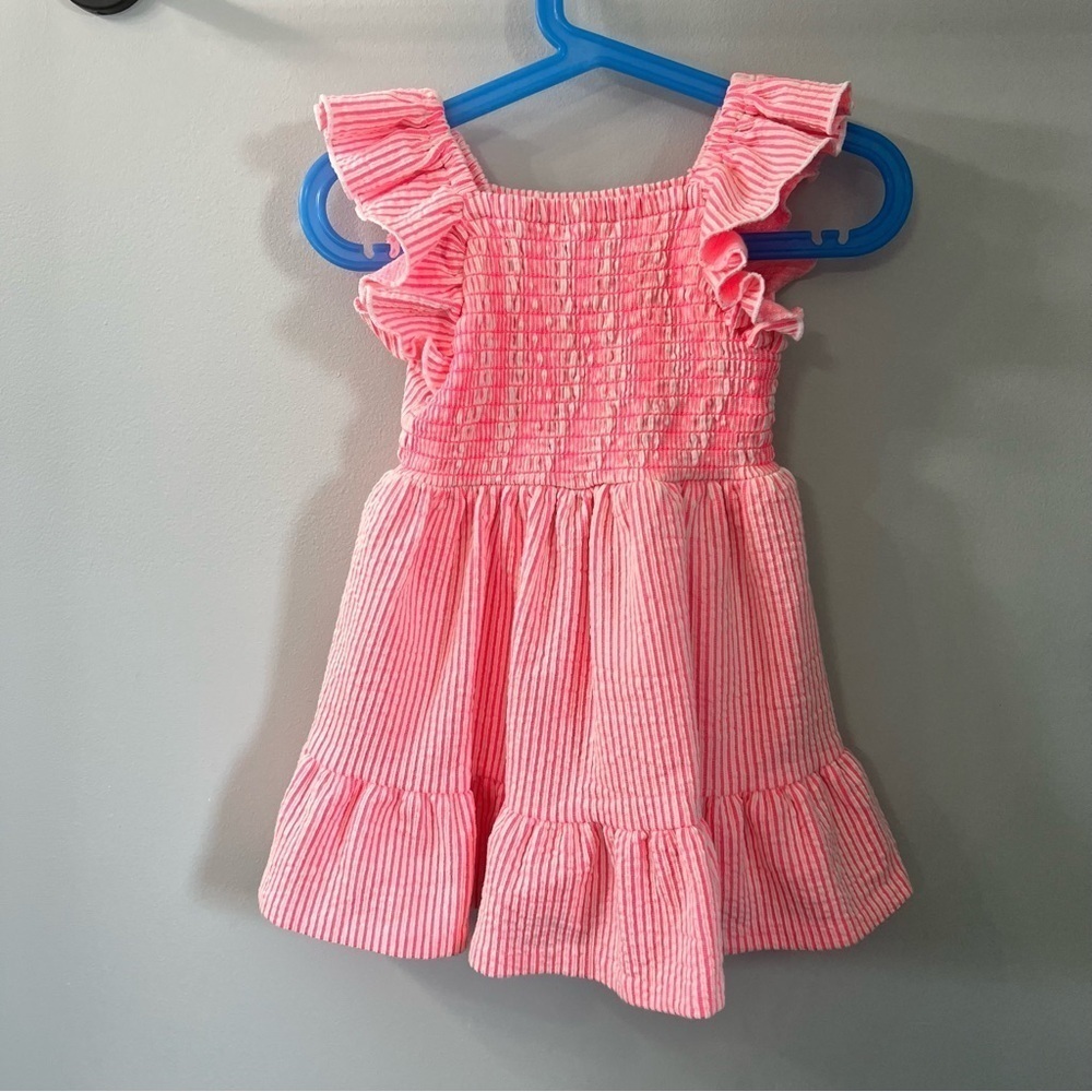 Iris & Ivy Neon Pink Jeanie Striped Smocked Flutter Ruffle Dress 24 Months